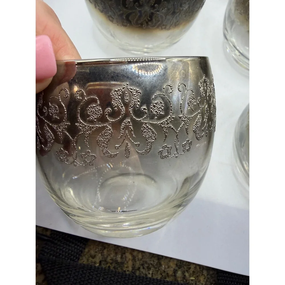 Vintage Silver Ombre Damask Filigree Lowball Whiskey Glasses Set of 6 MCM Style